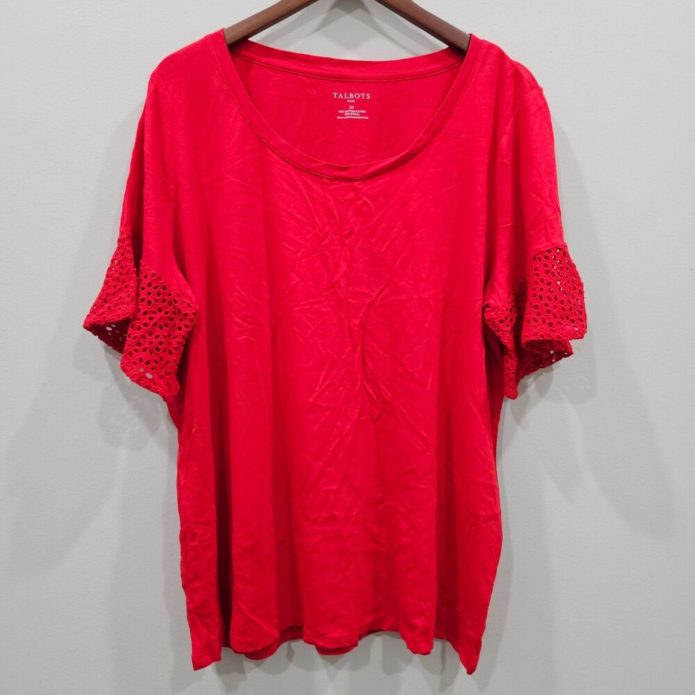 Talbots Womens Eyelet Jersey Knit T-Shirt Plus Size 2X Red Festival Tomato Girl